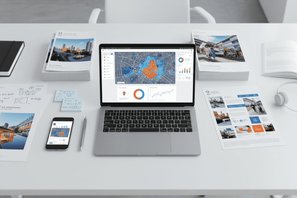 Mesa de trabajo con portátil mostrando mapas de calor y datos de segmentación de barrios de Madrid, folletos impresos y análisis de zonas de reparto para publicidad inteligente