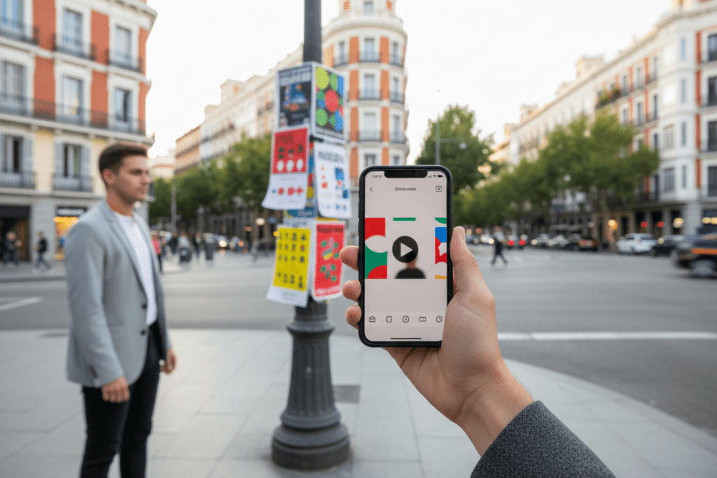 Persona en una calle de Madrid sosteniendo un móvil en vertical viendo un vídeo corto de una campaña publicitaria, con carteles y folletos impresos en el entorno urbano