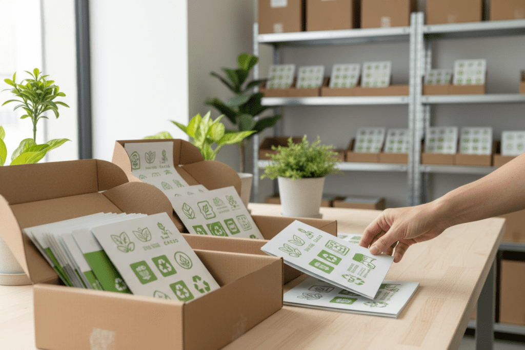 Almacén de reparto de publicidad con cajas de folletos en papel reciclado, mano revisando la calidad del material, plantas verdes y ambiente eco-friendly