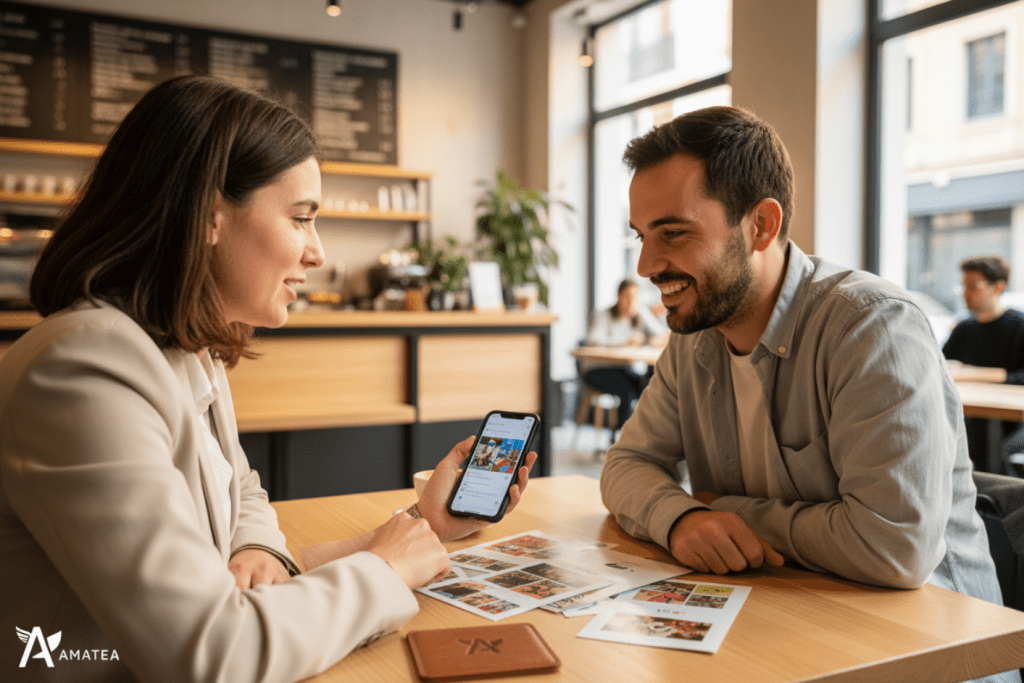 Dos personas jóvenes en una cafetería de Madrid compartiendo en el móvil una campaña publicitaria, con folletos de un negocio local sobre la mesa