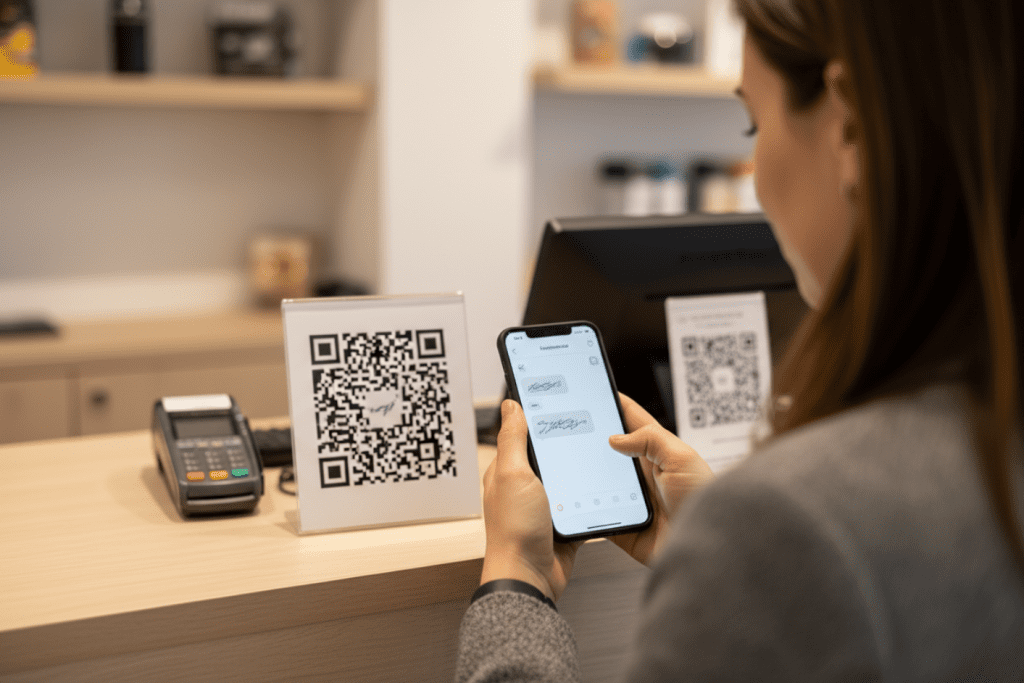 Cliente en una tienda local escaneando un código QR impreso en un folleto publicitario, abriendo una conversación por chat en el móvil