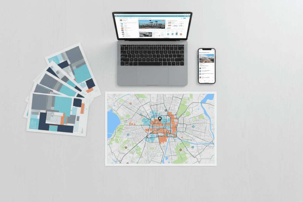 Vista cenital de una mesa con folletos impresos, mapa de Madrid con zonas de reparto, portátil con panel de anuncios digitales y móvil con red social, mostrando una campaña omnicanal coordinada"