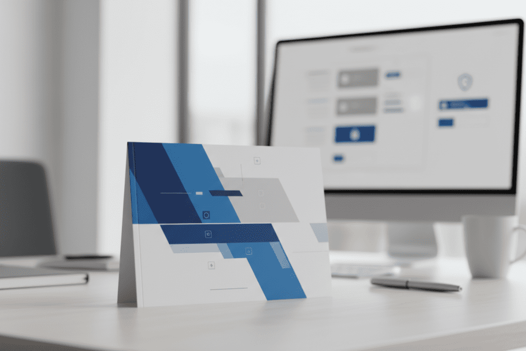 Folleto publicitario impreso en primer plano nítido, con pantalla de ordenador mostrando ajustes de privacidad y cookies desenfocada al fondo, destacando la ventaja de la publicidad física