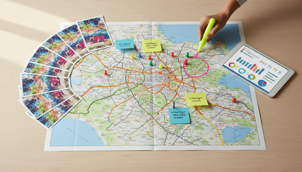 Mapa de Madrid con zonas de reparto de publicidad marcadas por barrios para estrategia de buzoneo de AMATEA,