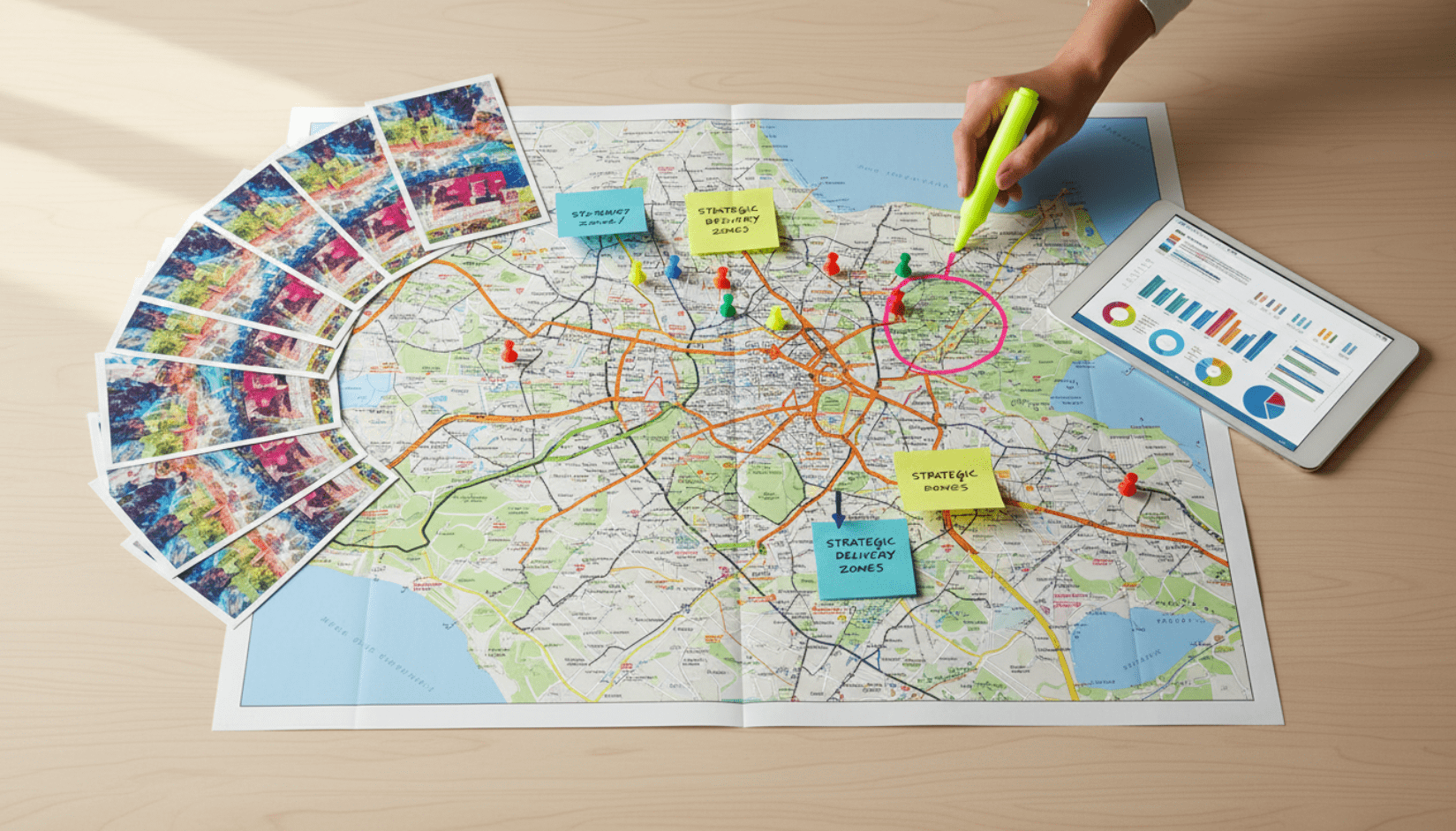 Mapa de Madrid con zonas de reparto de publicidad marcadas por barrios para estrategia de buzoneo de AMATEA,