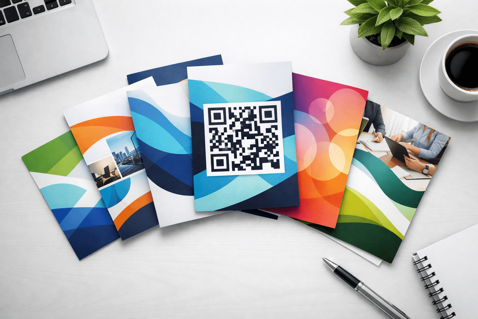 Muestras de folletos publicitarios impresos de alta calidad con diseños modernos y códigos QR para campañas de buzoneo en Madrid .