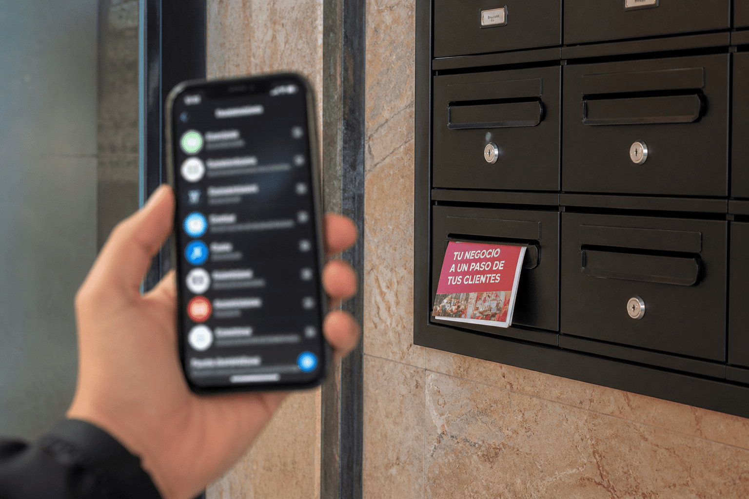Folleto publicitario en buzón de un portal de Madrid junto a un móvil, mostrando la estrategia de marketing local que combina físico y digital