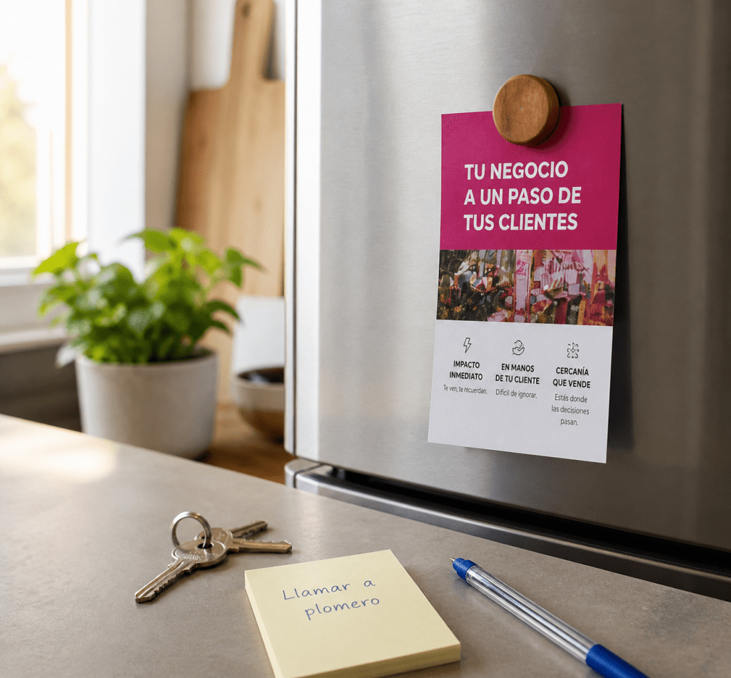 Folleto publicitario guardado en casa sobre una encimra, destacando la permanencia del buzoneo para negocios locales en Madrid y alrededores.