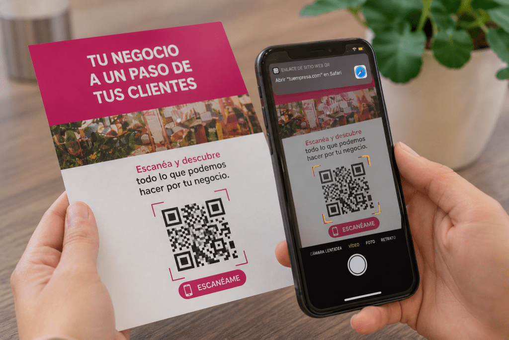 Mano escaneando un código QR en un folleto publicitario para acceder a una oferta online, ejemplo de campaña omnicanal en Madrid y alrededores