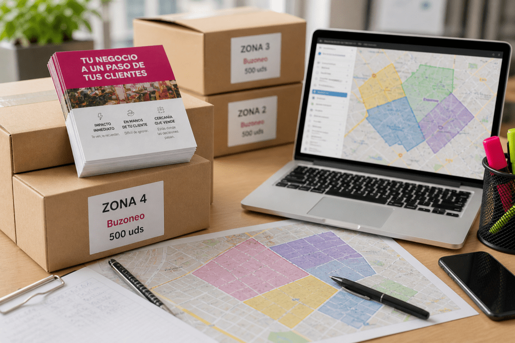 Preparación de campaña de reparto de publicidad con folletos impresos y planificación de zonas, servicio profesional en Madrid y alrededores