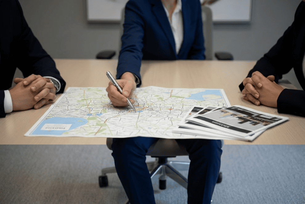 Dos personas revisando folletos y un mapa de Madrid sobre una mesa de trabajo.